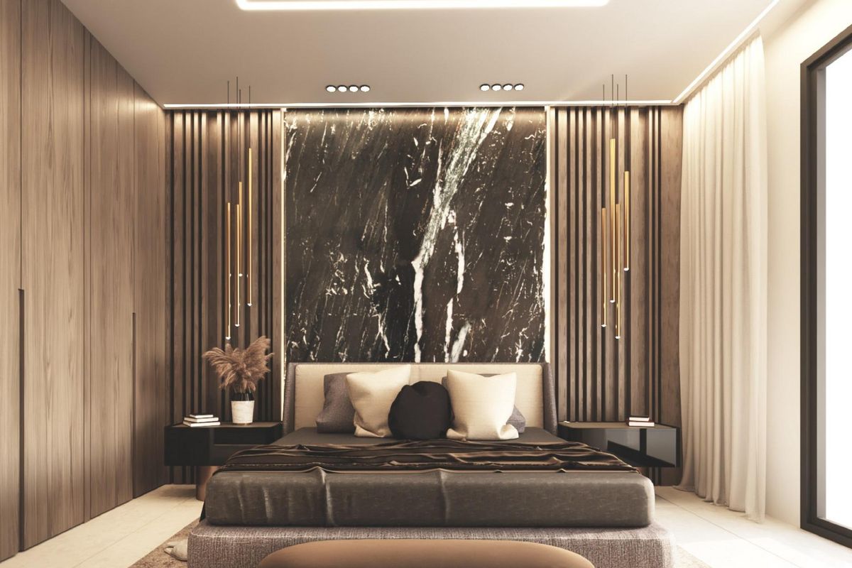 Luxe master bedroom in de villa in Los Alcazares, met slanke ontwerpen en elegante meubels.