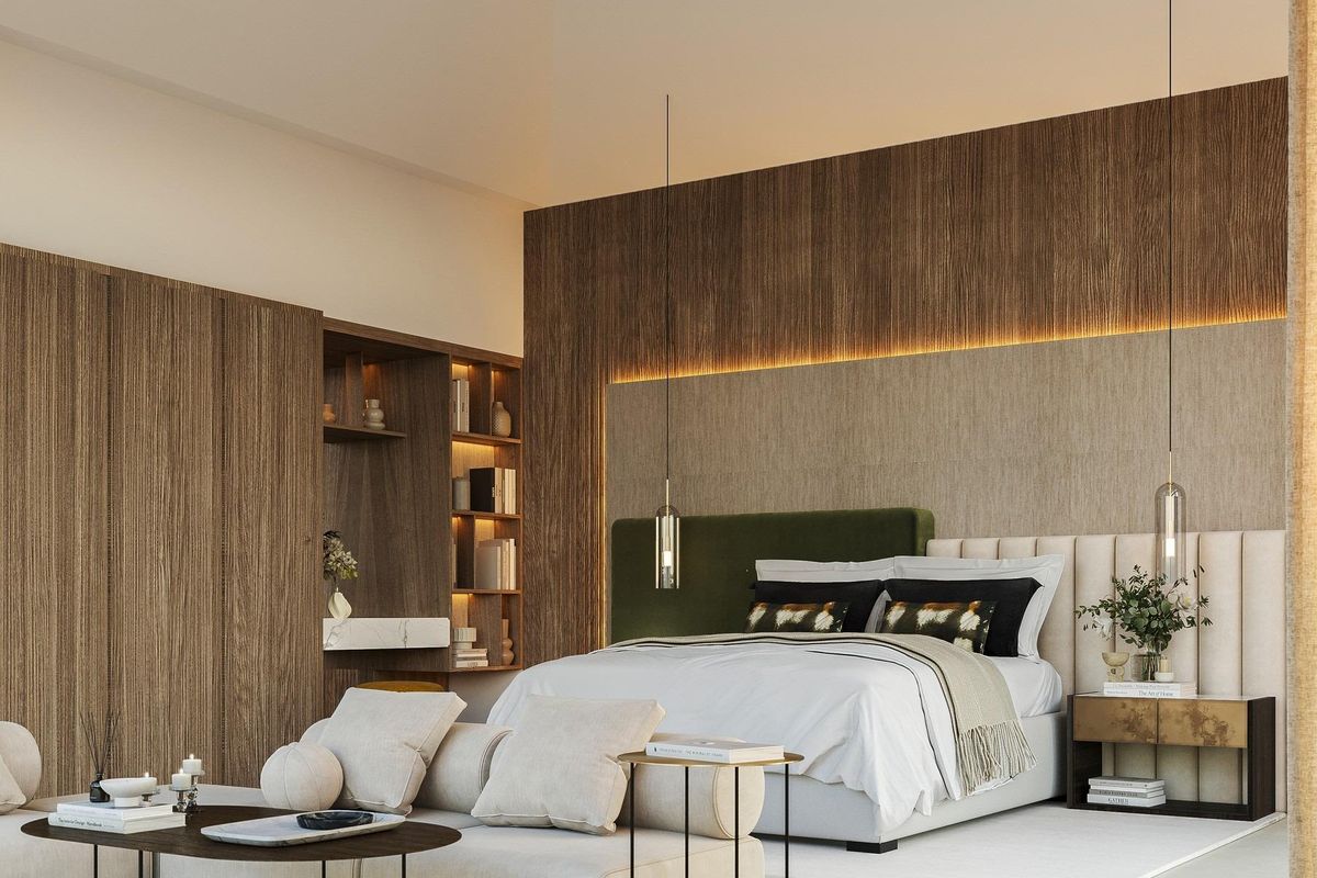 Elegante slaapkamer in de villa met moderne meubels, creëert een rustige sfeer voor ontspanning.