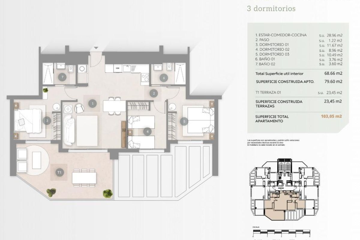 Gedetailleerd vloerplan van een appartement met 3 slaapkamers in Calpe, die ruimte toont in Costa Blanca, Spanje.