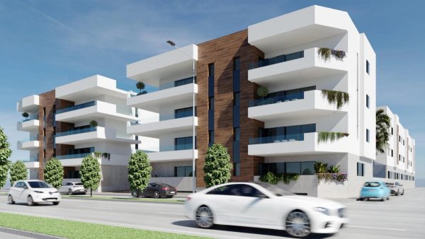 Modern 2-bed apartment building in San Pedro del Pinatar, Costa Calida, surrounded by landscaped gardens.