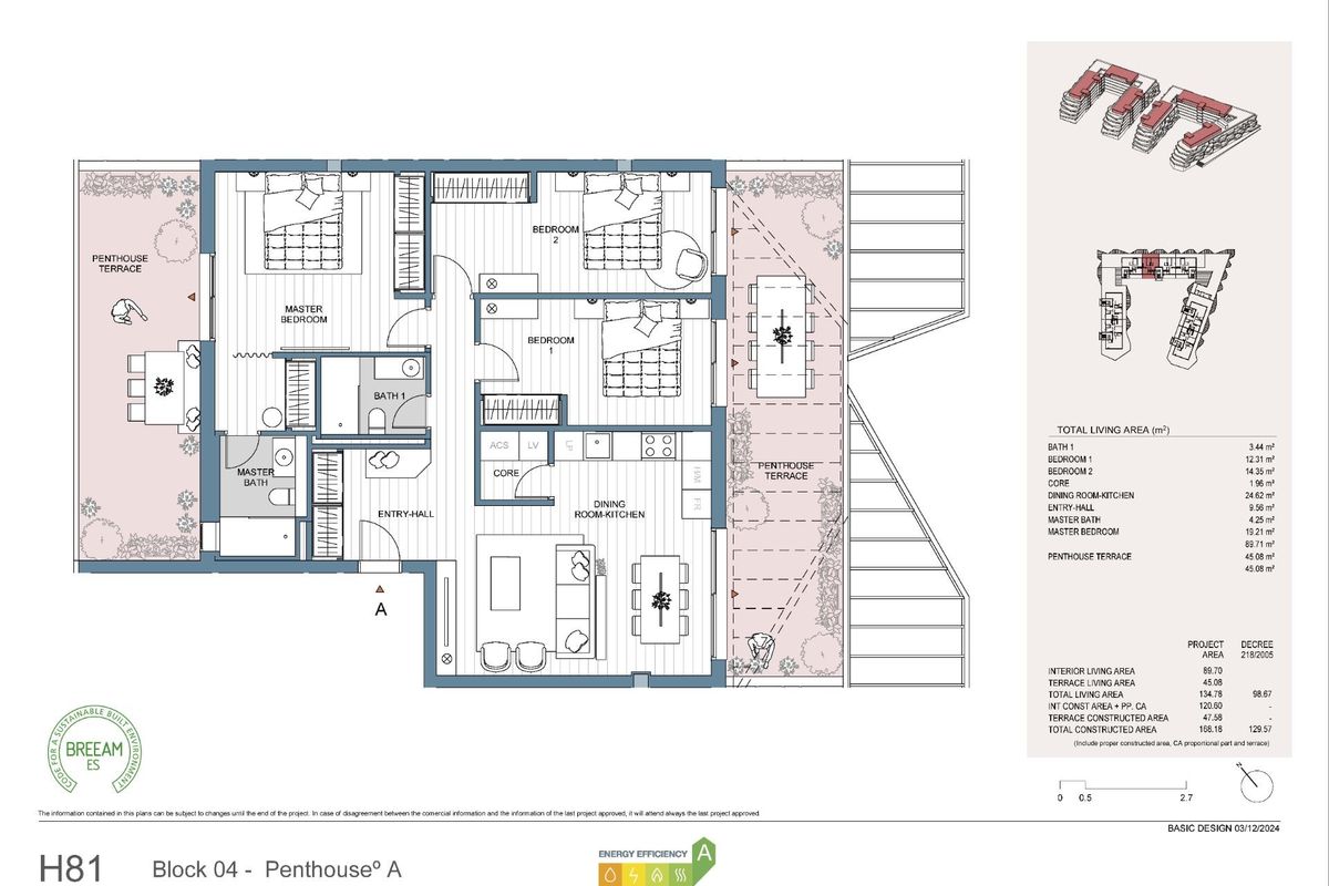 Gedetailleerde plattegrond van een 3-slaapkamer penthouse in Mijas, Costa del Sol, met ruime en goed ontworpen leefruimtes.