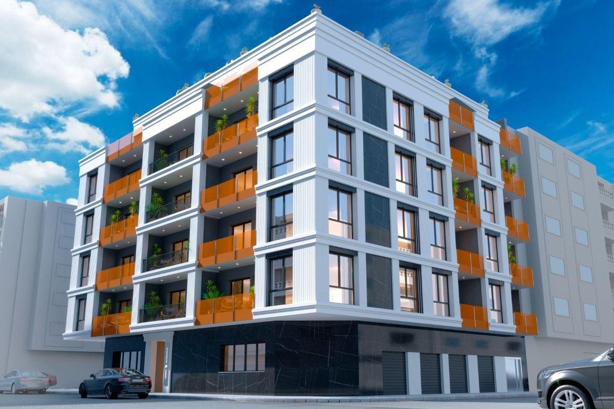 Buitenzicht op een modern 3-slaapkamer penthouse gebouw met balkons in Torrevieja, Costa Blanca Zuid.