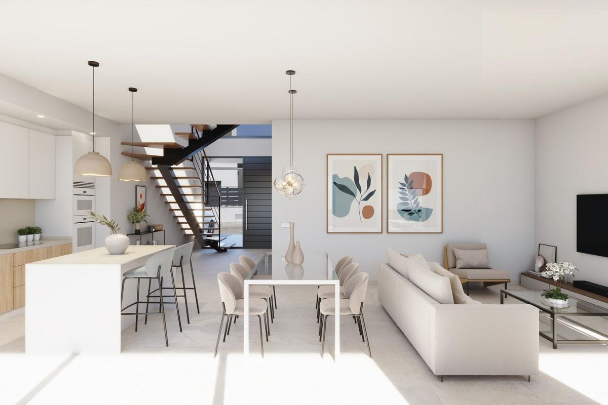 Contemporary woonkamer en eetkamer in de villa in San Javier, met grote ramen en stijlvolle decoratie.