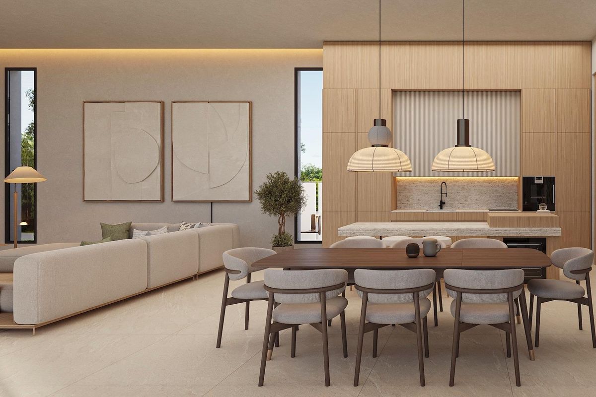 Eetruimte met modern decor in de villa in Calpe, met een grote tafel en elegante verlichting.