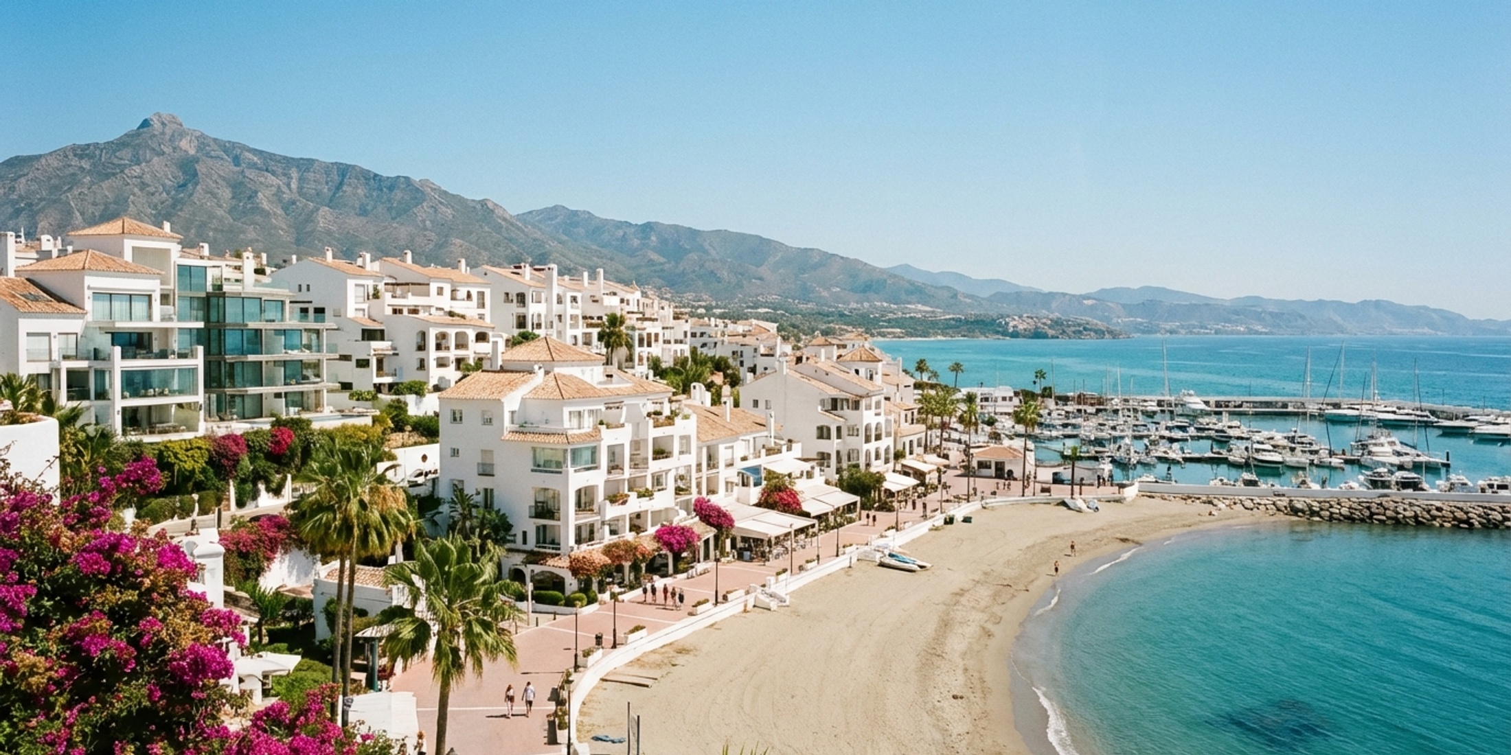 Panoramablick auf eine sonnenbeschienene Küstenstadt an der Costa del Sol