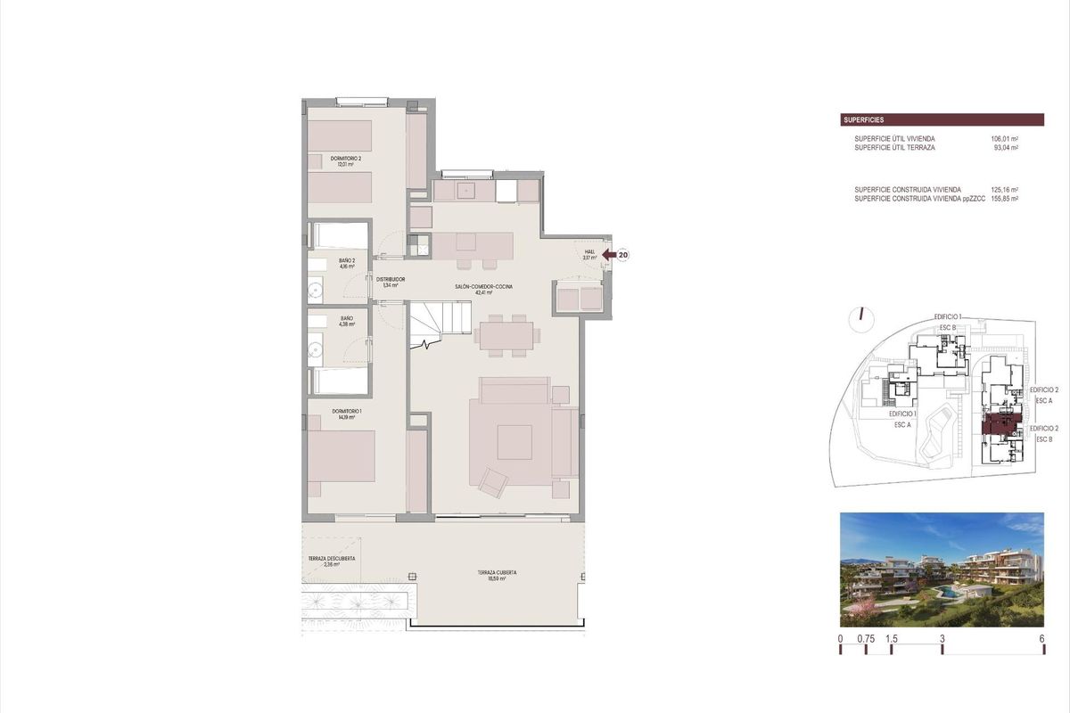 Gedetailleerde plattegrond van de indeling van het penthouse in Estepona, Costa del Sol, met kamers en ruimtes.