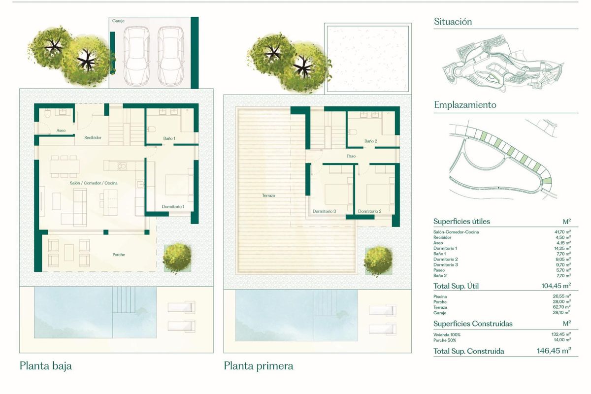 Plattegrond van een 3-slaapkamer villa, die de indeling en ruimteverdeling toont in Fuente Álamo, Costa Calida, Spanje.