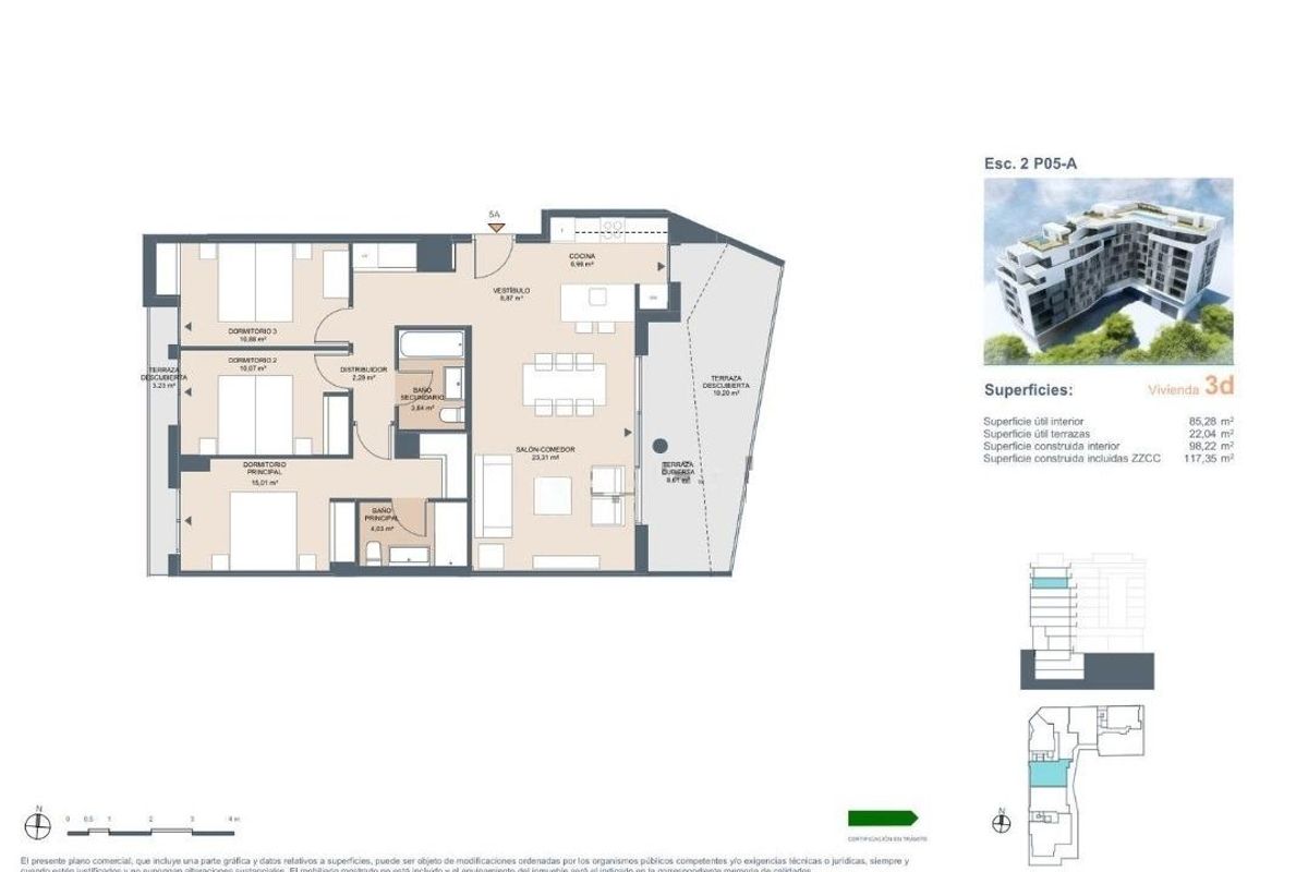Plattegrond van een 3-slaapkamer penthouse in Alicante, Costa Blanca Zuid, met indeling en afmetingen.
