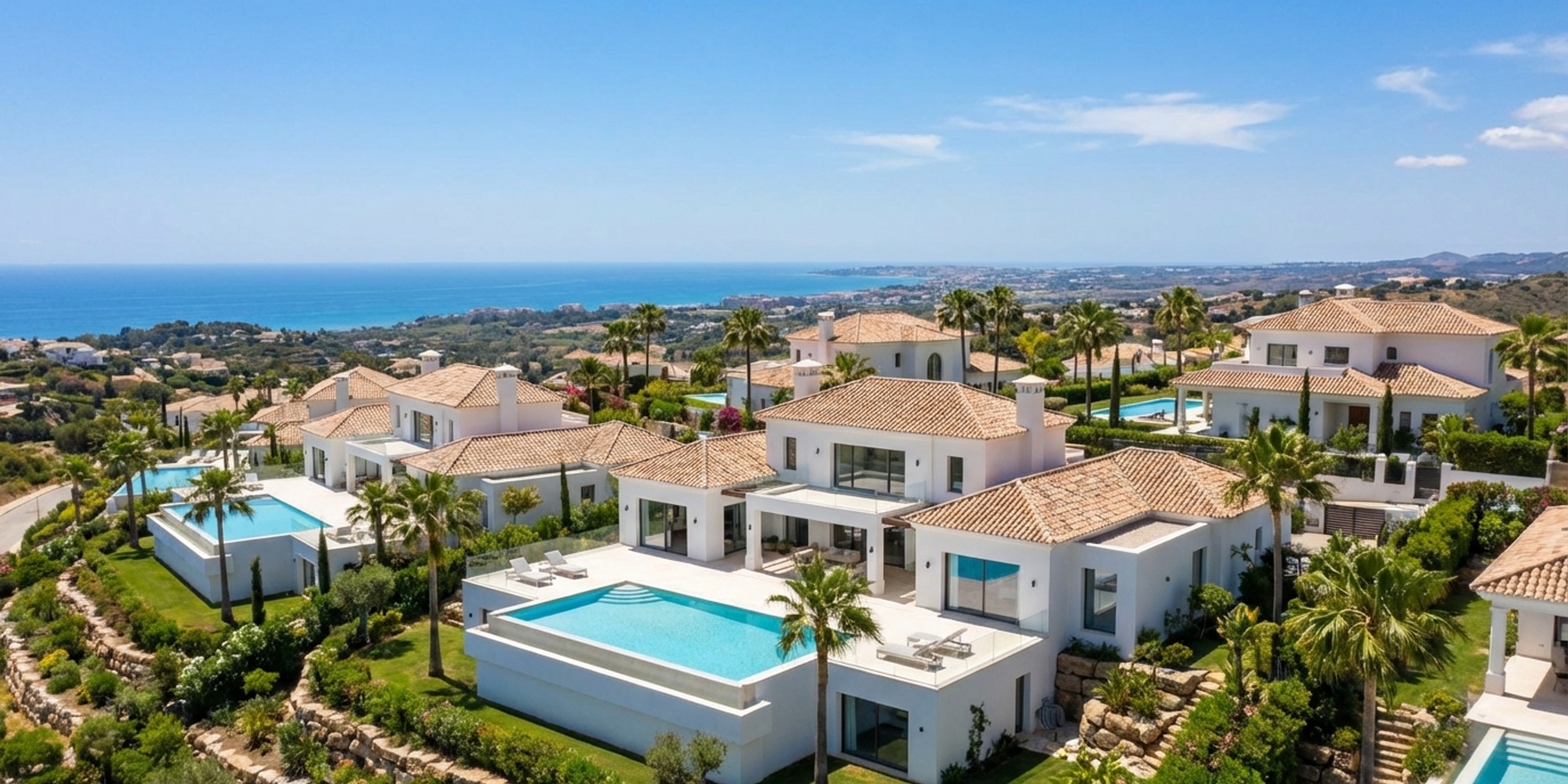Panoramisch uitzicht op luxe villa's in Altea Hills met uitzicht op de Middellandse Zee