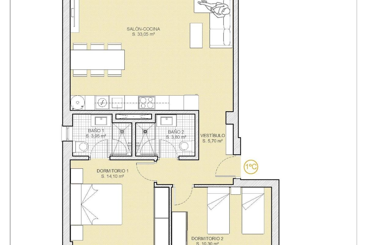 Plattegrond van een 2-slaapkamer appartement in Finestrat, met de indeling van woon- en slaapkamergebieden.