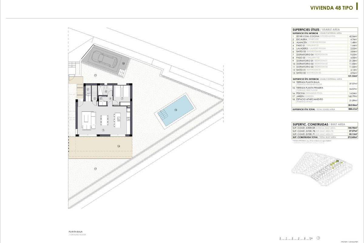 Floorplan of a villa in Polop displaying room layout and outdoor space including a pool.