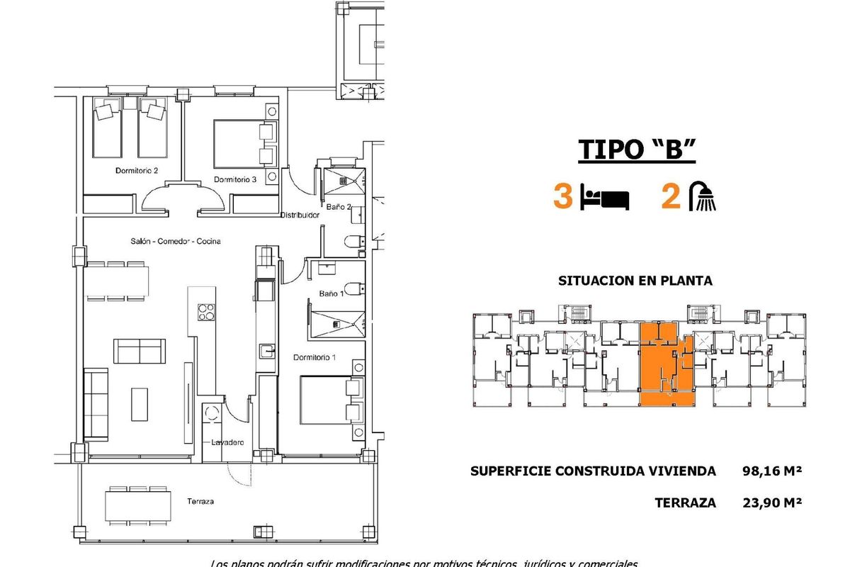 Plattegrond van een 3-slaapkamer, 2-badkamer appartement met terras in San Miguel de Salinas, voor het bekijken van indeling.