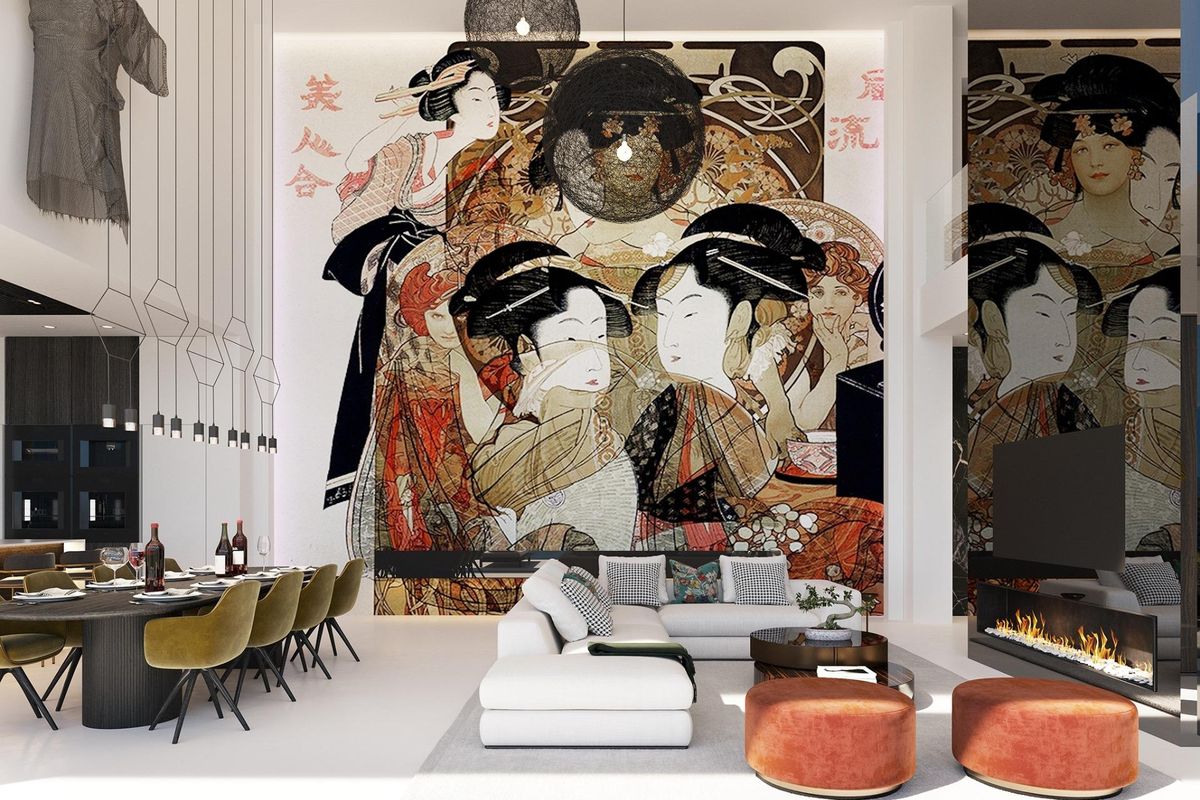 Artistieke eet- en woonkamer met gedurfde inrichting en een gezellige open haard in een moderne villa in Benahavís.