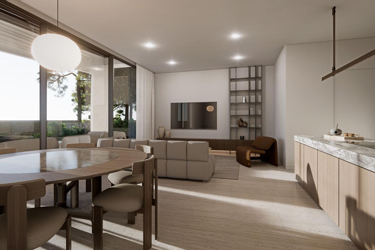 Moderne woonkamer en eetkamer in de villa met 3 slaapkamers in Orihuela, Costa Blanca Zuid.