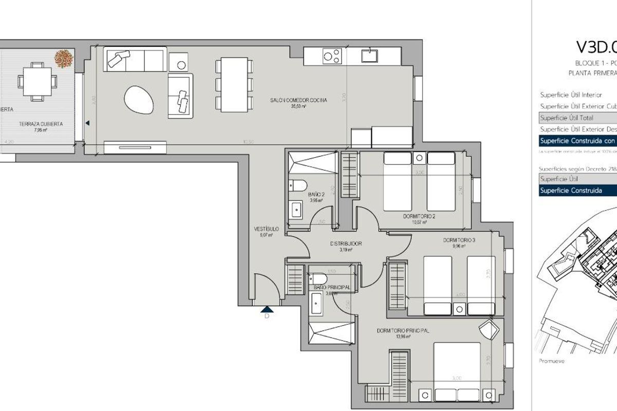Plattegrond van een 3-slaapkamer appartement op de begane grond in Manilva, toont indeling en afmetingen.
