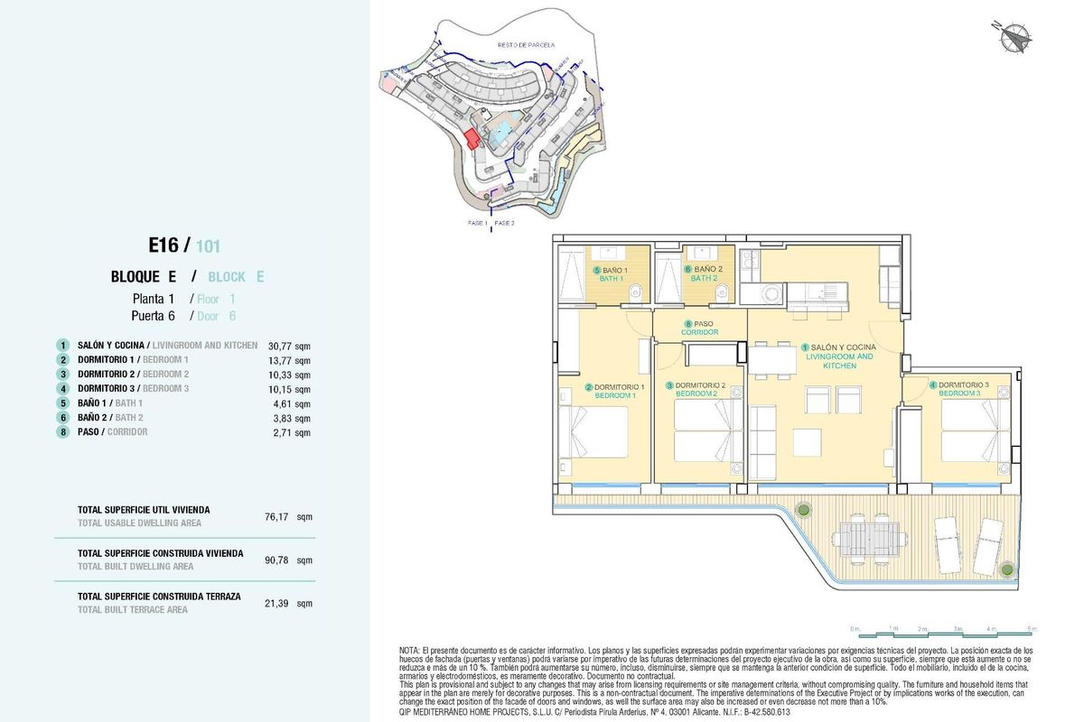 Gedetailleerde plattegrond van een driekamerappartement in Aguilas, Costa Calida, ontworpen voor modern wonen.