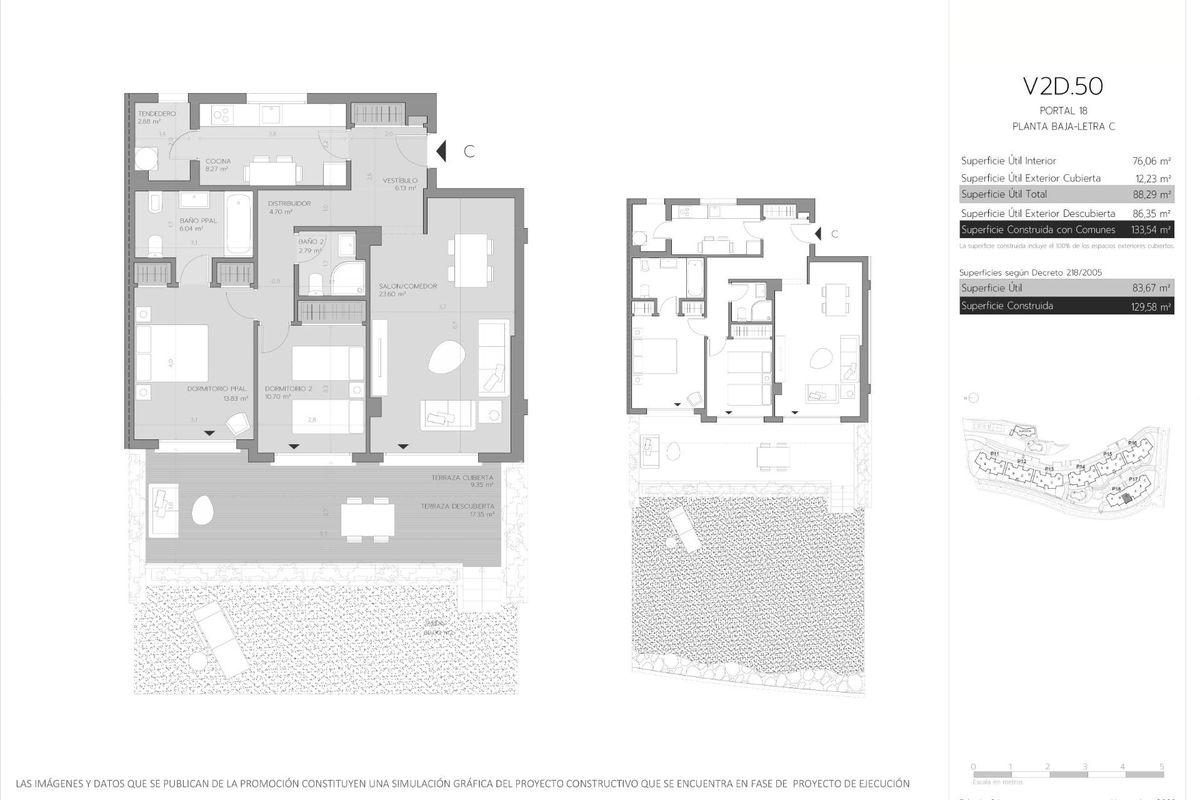 Plattegrond van een 2-slaapkamer appartement op de begane grond in Estepona, met woonruimtes, keuken en buitenruimte.