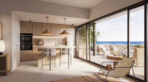 Moderne keuken in een 3-slaapkamer penthouse met zeezicht in Mojacar, Costa de Almeria, Spanje.