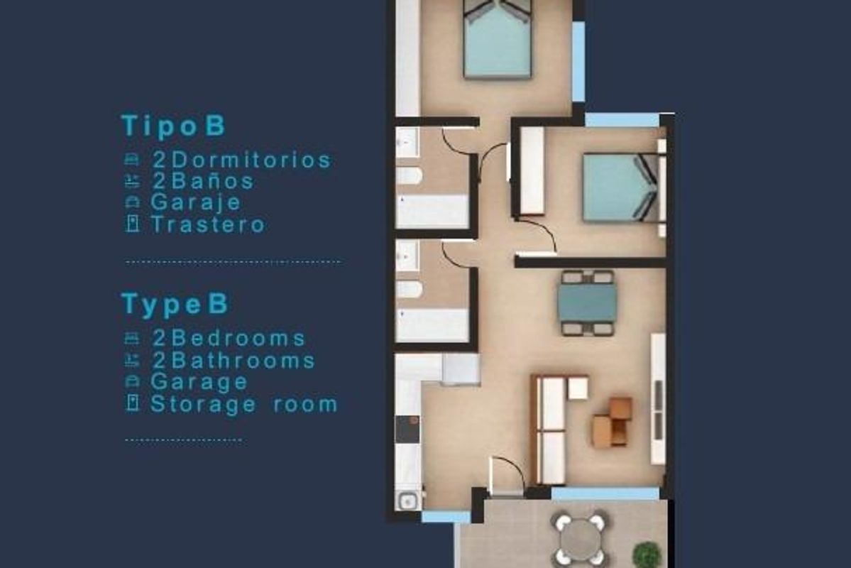 Plattegrond van een 2-slaapkamer bungalow in San Pedro del Pinatar, met lay-out en voorzieningen.