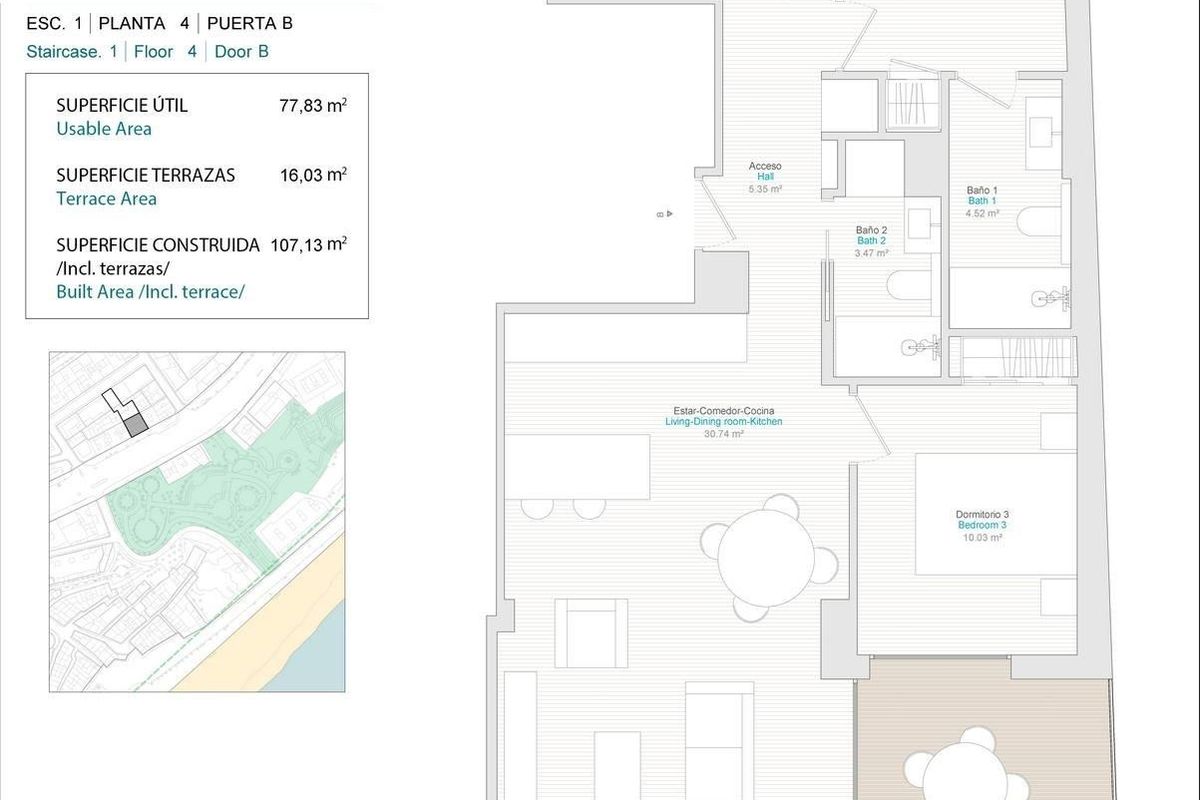 Plattegrond van een 3-slaapkamer appartement met woon- en terrasruimtes in Villajoyosa, Spanje.
