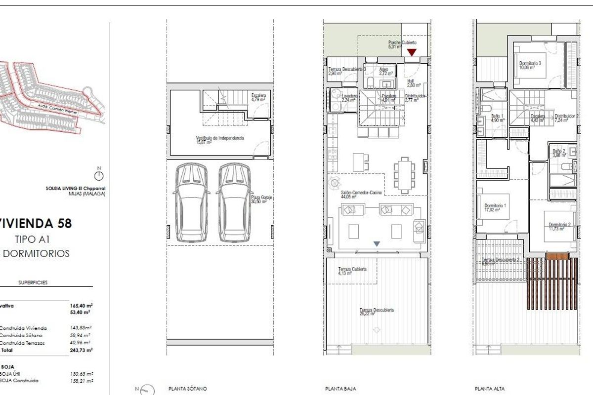 Plattegrond van een townhouse met 3 slaapkamers, met indelingsdetails voor potentiële kopers in Mijas, Costa del Sol.