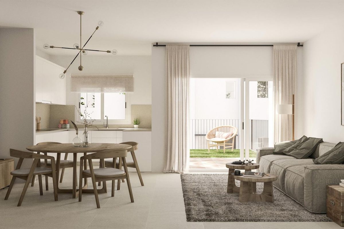 Gezellige woonkamer en keuken van een drie-slaapkamers rijtjeshuis in Monforte del Cid, Costa Blanca Zuid.