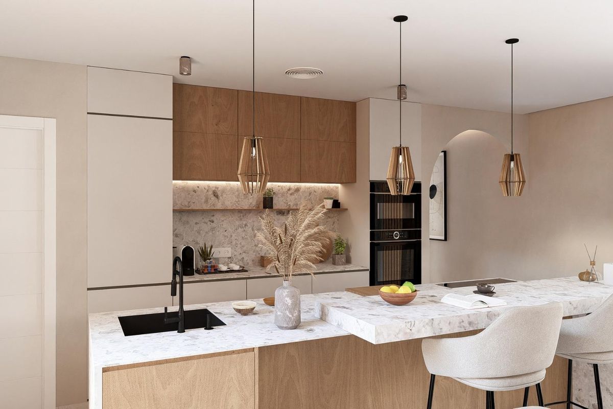 Moderne keuken met eiland in de 3-slaapkamer villa in Baños y Mendigo, met stijlvolle kasten en armaturen.