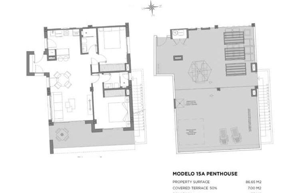 Plattegrond van het penthouse met indeling van twee slaapkamers en een ruim terras in Los Alcazares, Costa Calida.