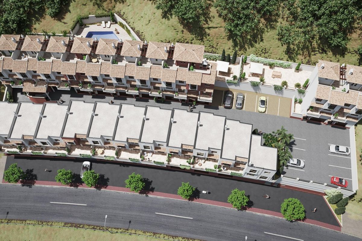 Overzicht van de layout van het townhouse complex met wegen en tuinen in Almuñecar, Costa del Sol, Spanje.