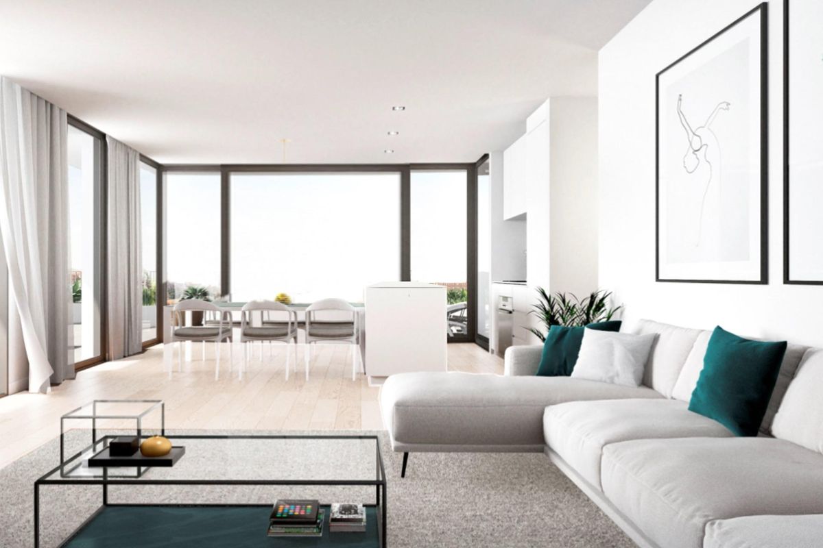 Stijlvol open woonkamer met een gezellige bank en eetruimte in een 3-slaapkamer penthouse, Torrevieja.