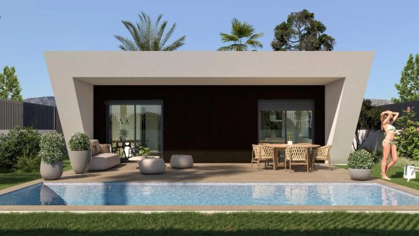 Modern 3-bed villa exterior with a terrace and pool in Monforte del Cid, Costa Blanca South, Spain.