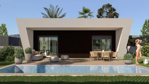Modern 3-bed villa exterior with a terrace and pool in Monforte del Cid, Costa Blanca South, Spain.
