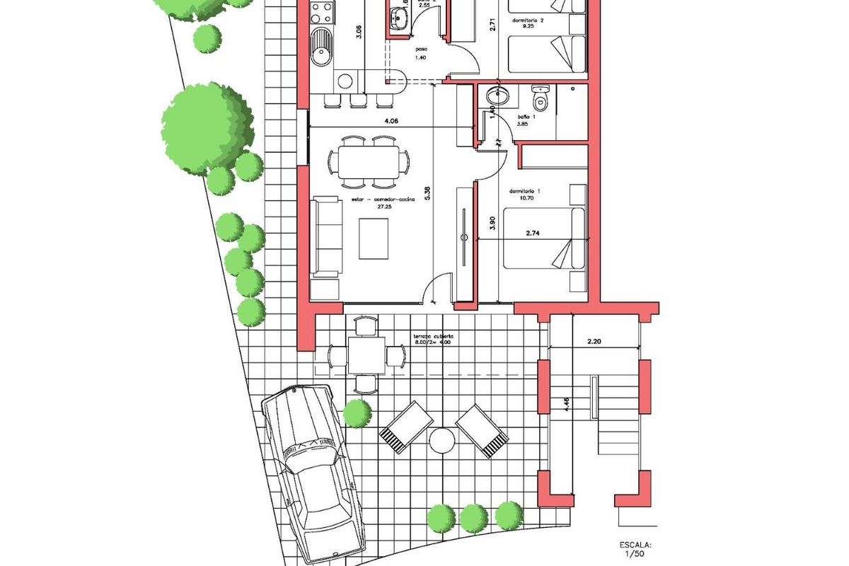 Plattegrond van het 2-slaapkamerappartement op de begane grond, met nadruk op woonkamer en indeling in Fuente Álamo.