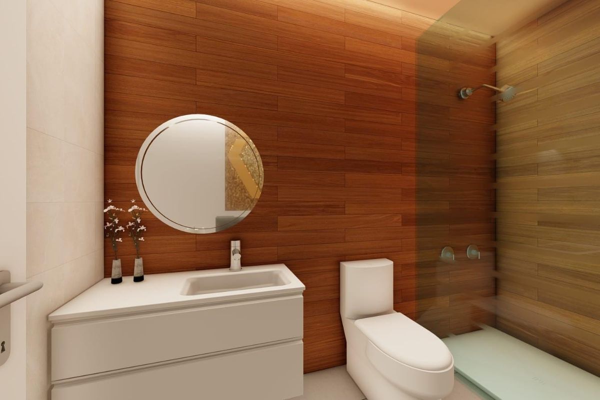 Elegante badkamer met houten wanden en modern ontwerp in een 3-slaapkamer villa in Daya Nueva.