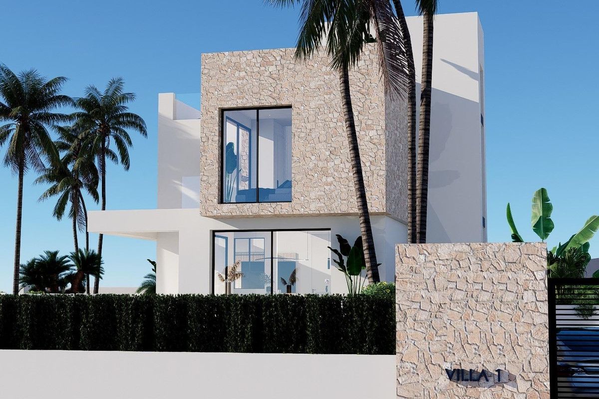 Contemporary villa voorkant met stijlvolle landscaping in Finestrat, Costa Blanca.