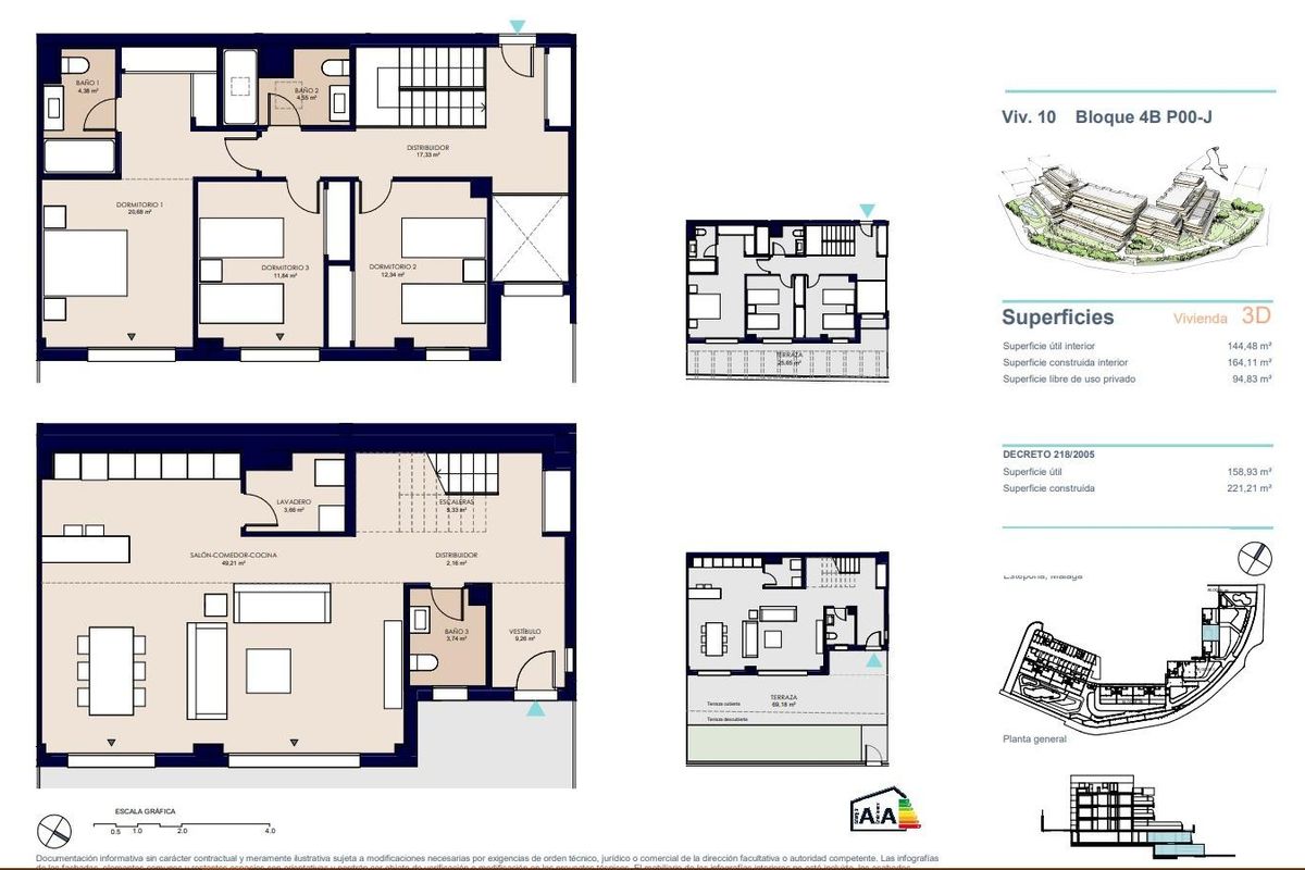 Gedetailleerde plattegrond van een 3-slaapkamer appartement indeling in Estepona, Spanje.