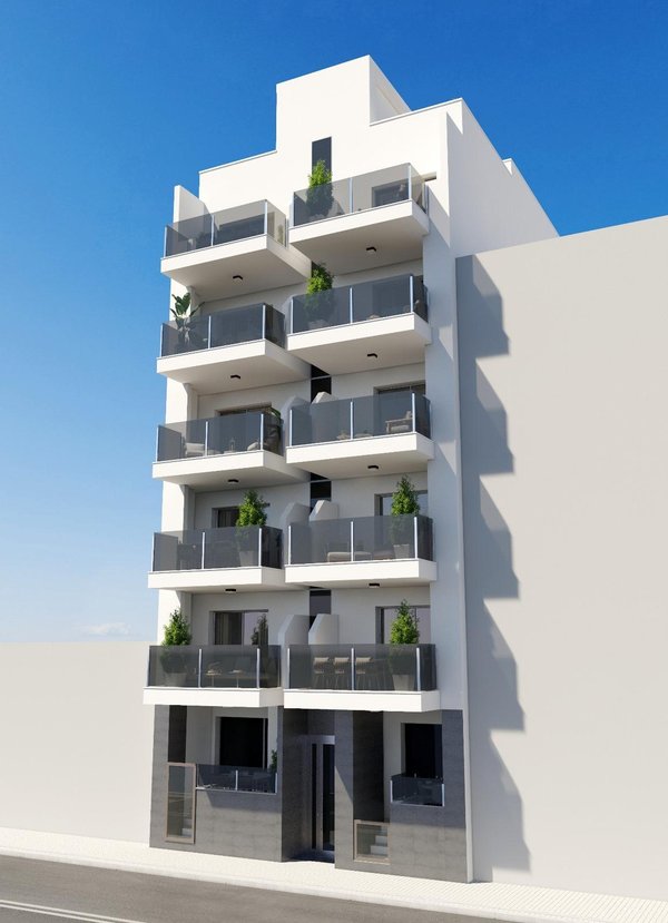 Moderne 2-slaapkamerappartementen in Torrevieja, met balkons en groenvoorzieningen.