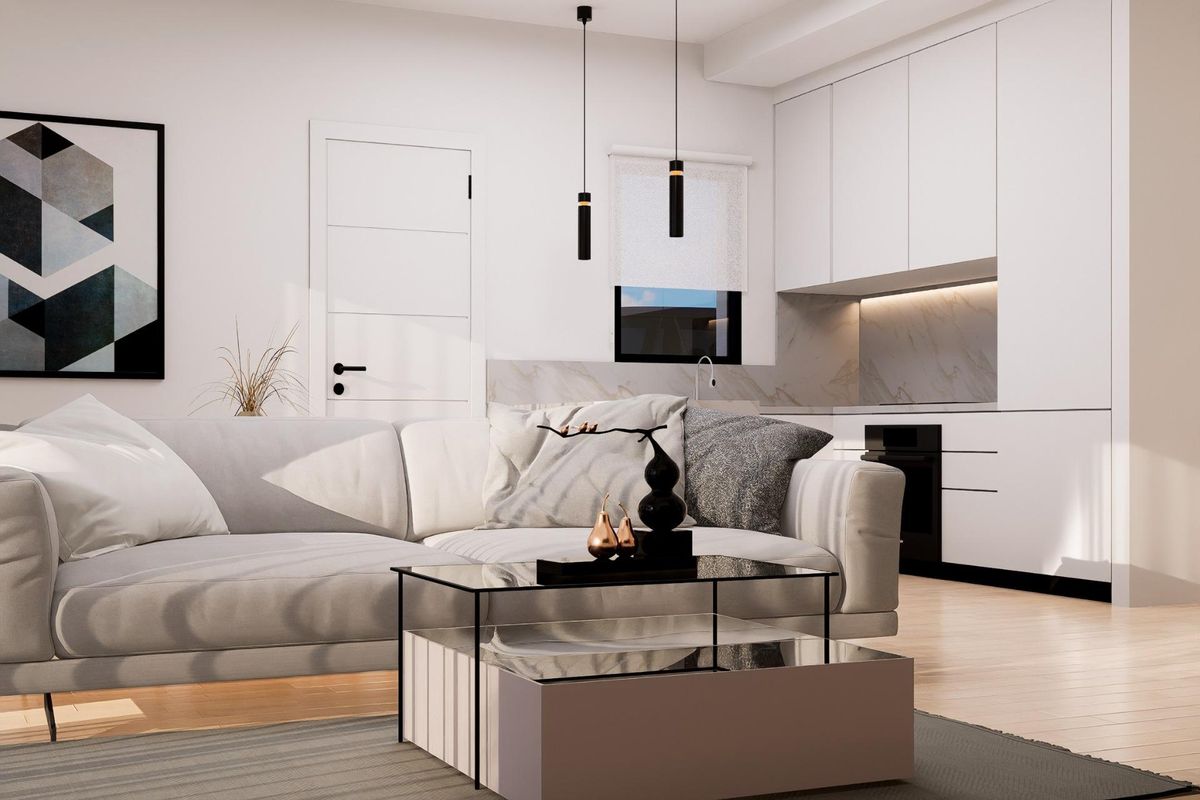 Elegante keuken in een eigentijdse townhouse in Orihuela Costa met strakke afwerking.