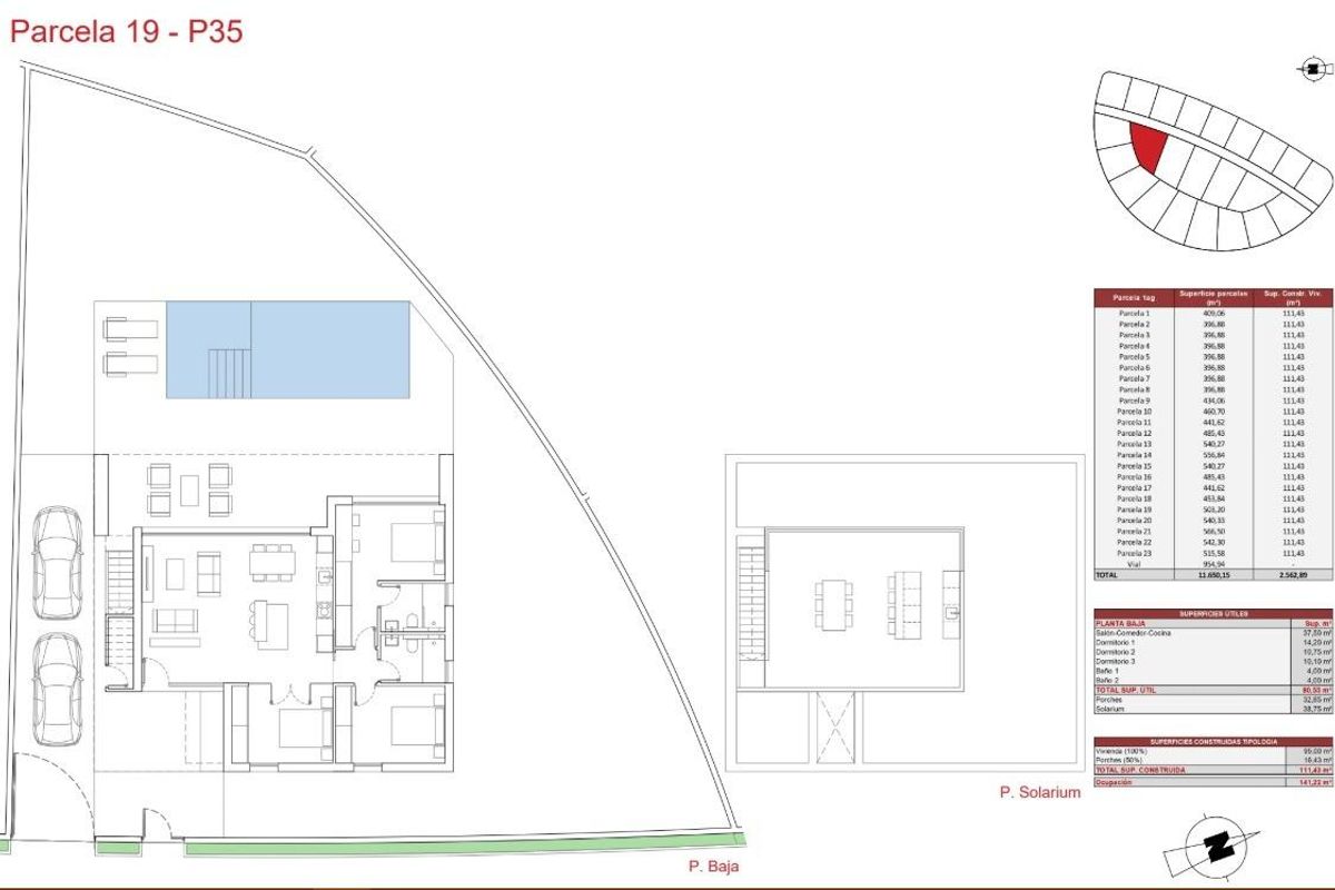 Plattegrond van een 3-slaapkamer villa met woonruimtes en meer, voor woningen in Fuente Álamo, Spanje.