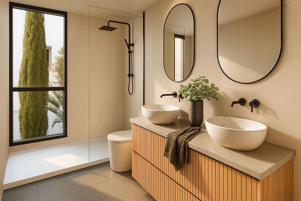 Chique badkamer in een villa met dubbele wastafels en moderne afwerkingen, gelegen in Torre Pacheco.