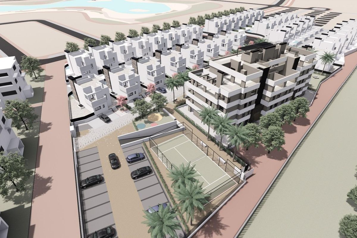 Luchtfoto met de indeling van woonunits en voorzieningen in Torre Pacheco, Costa Calida.