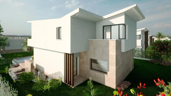 Exterieur van een moderne 4-slaapkamer townhouse in Mijas, met een uniek architectonisch ontwerp.