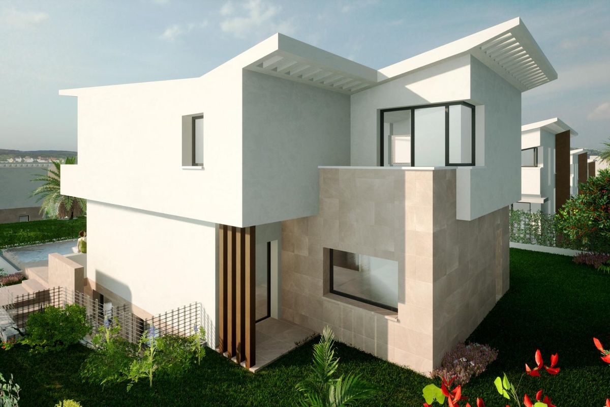 Exterieur van een moderne 4-slaapkamer townhouse in Mijas, met een uniek architectonisch ontwerp.