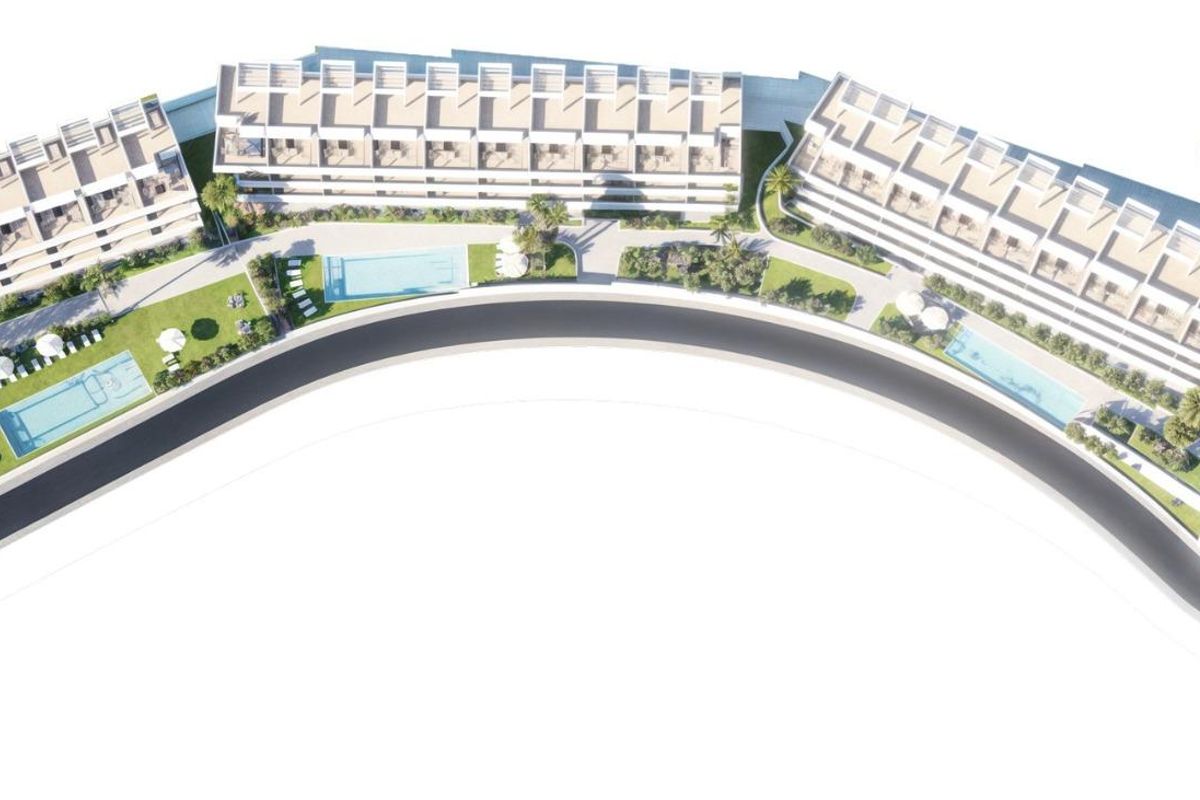 Luchtfoto van de plattegrond van het nieuwe woningproject in Finestrat, met nadruk op zwembaden en groene ruimtes.