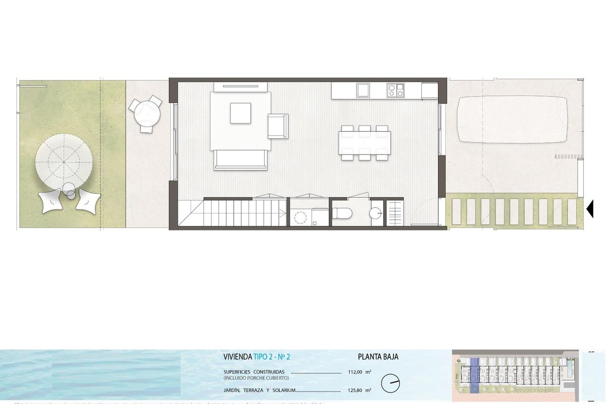 Plattegrond van een 3-slaapkamer townhouse in Pilar de La Horadada, met een ruim ontwerp en voorzieningen.