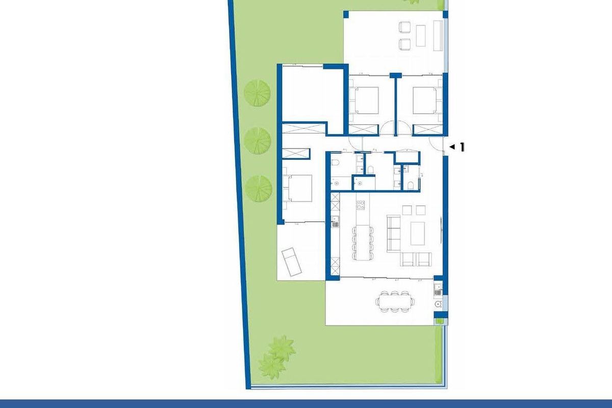 Plattegrond van een 3-slaapkamer appartement op de begane grond in Estepona, Costa del Sol, met lay-out en buitenruimtes.