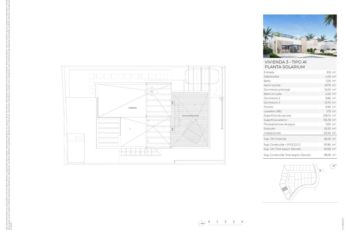 Bovenste plattegrond van een 3-slaapkamer villa in Vera, Costa de Almeria, met het ontwerp van woonruimtes.