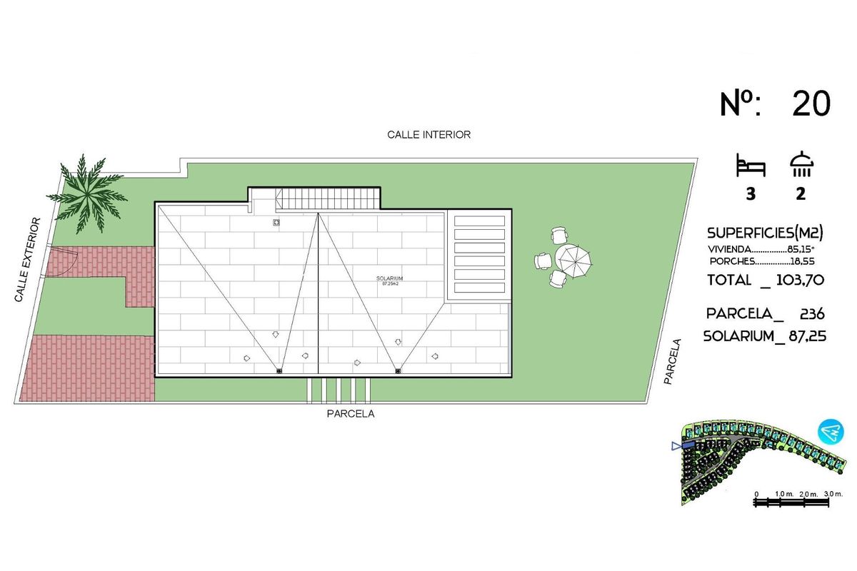 Plattegrond van een 3-slaapkamer villa in Algorfa, met lay-out en ontwerp van buitenruimtes.