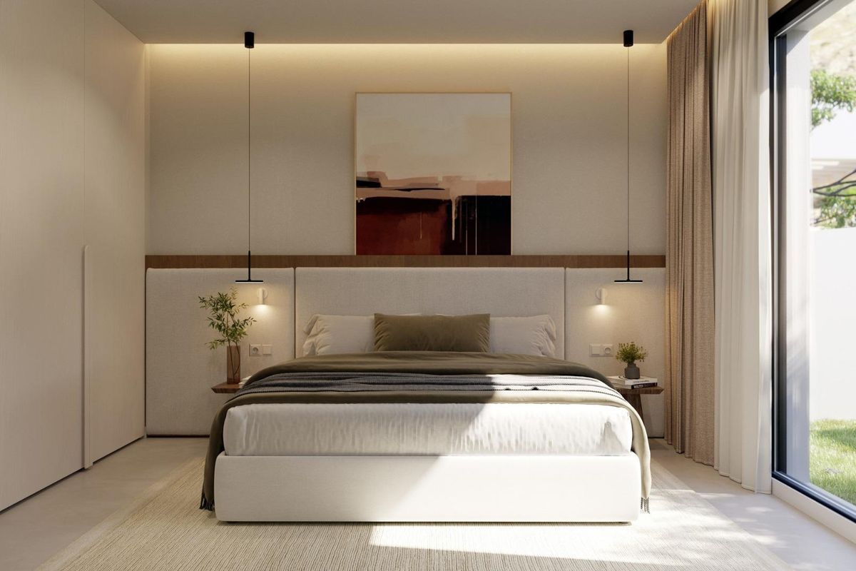 Gezellige slaapkamer in de villa in Finestrat, met natuurlijk licht en moderne decoratie.