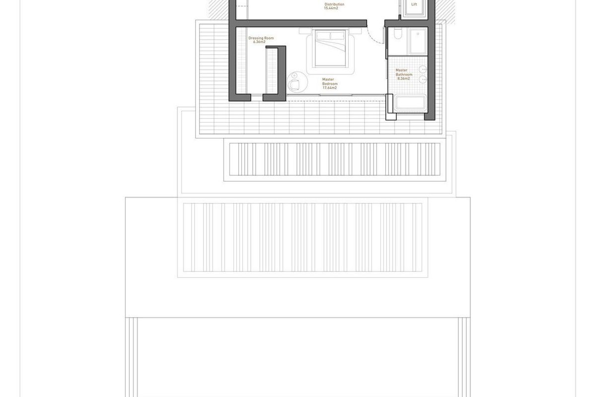 Plattegrond van de master slaapkamer van de villa, met nadruk op ruimte en ontwerp in Benissa, Costa Blanca Noord, Spanje.